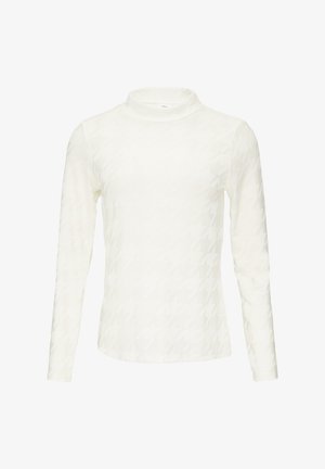 Langsleeve witte top met een hoge hals, met een gestructureerd houndstoothpatroon. Zachte stof met eenslank ontwerp en minimale details.