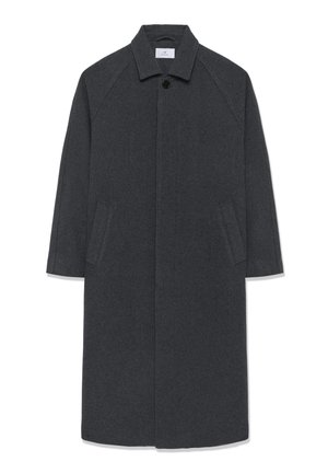 Donkergrijze lange wollen jas met brede kraag, verborgen voorknopjes en twee schuine zijzakken, maat medium.
