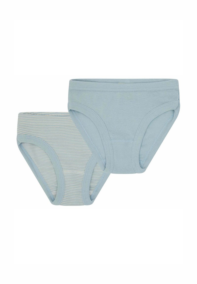 Set di mutandine in cotone azzurro chiaro, una tinta unita e una a righe. Presentano una comoda fascia in elastico in vita e aperture per le gambe. Tessuto morbido e traspirante.