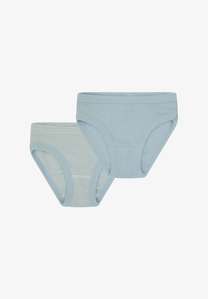 Set di mutandine in cotone azzurro chiaro, una tinta unita e una a righe. Presentano una comoda fascia in elastico in vita e aperture per le gambe. Tessuto morbido e traspirante.