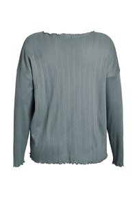 Light green, ribbed long-sleeve top with a wide neckline and frayed hem. Features vertical stripes and a relaxed fit.