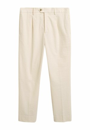Pantaloni beige chiaro con un tessuto strutturato, dal taglio classico, con tasche frontali e chiusura a un bottone in vita.