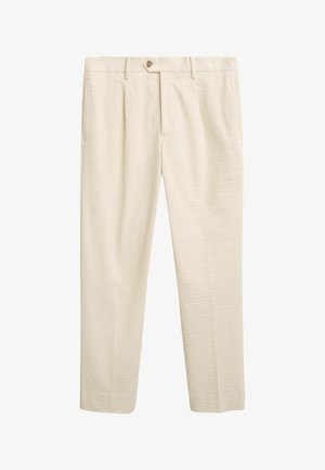 Lysbeige bukser med en tekstureret stof, der har en klassisk pasform, frontlommer og en enkelt knaplukning i taljen.