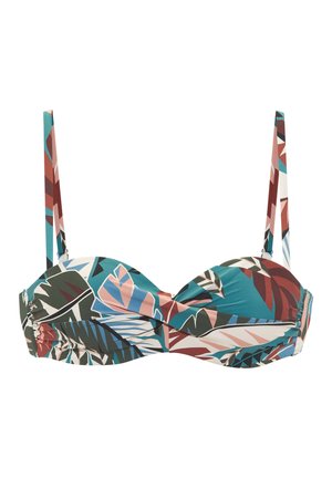 Podprsenka typu balconette s nastaviteľnými ramienkami s abstraktným listovým vzorom v multicolor tónoch tyrkysovej, hnedej, modrej a ružovej.