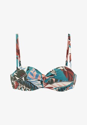 Podprsenka typu balconette s nastaviteľnými ramienkami s abstraktným listovým vzorom v multicolor tónoch tyrkysovej, hnedej, modrej a ružovej.