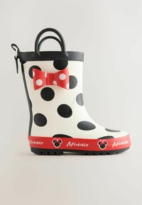 Weisse Gummistiefel mit großen schwarzen Punkten, roten Schleifenakzent und rotem Band mit "Minnie"-Logo und schwarzem Cartoon-Mauskopfdesign.