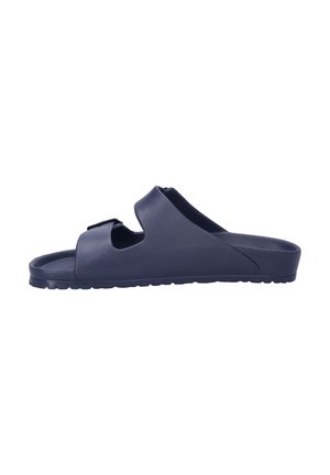 Navy blue plastic slide sandal with an open toe, two wide straps, and a textured sole for grip. Lightweight with a minimalist design.