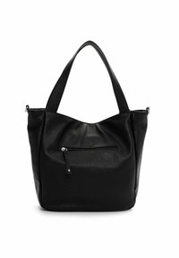 Sac fourre-tout en cuir noir avec une finition texturée, une forme incurvée, des poignées doubles et une poche zippée à l'avant pour plus de fonctionnalité.