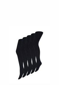 Sort uigennemsigtige strømpebukser, fem par, med en glat tekstur og tætsiddende design, med en blød finish og medium glans, velegnet til forskellige lejligheder.