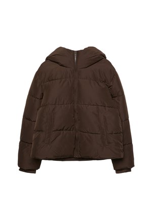 Giacca a vento marrone con cappuccio, chiusura frontale con zip e due tasche laterali, caratterizzata da un design trapuntato e una finitura liscia.