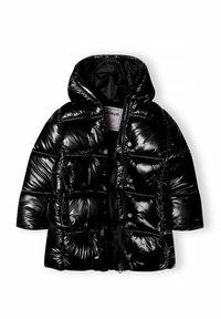 Černá pufrová bunda s kapucí, lesklý povrch, izolační design, zapínání na zip a patentky, s prošívanými detaily po celé ploše.