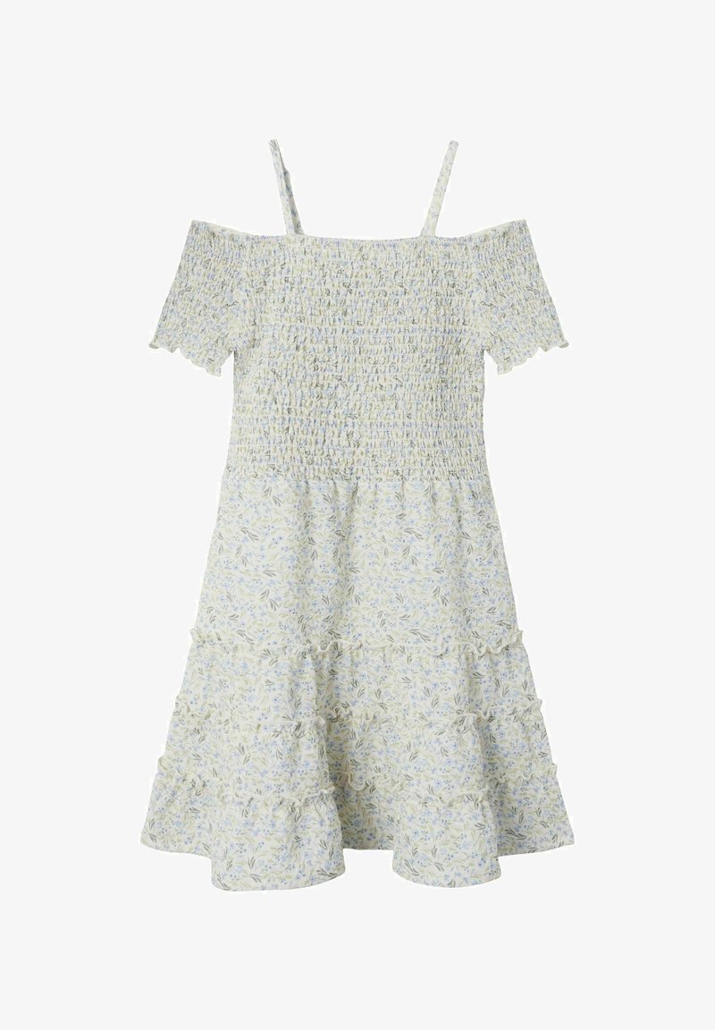 Hellblaues Blumenkleid mit schulterfreien Ärmeln, gerafftem Oberteil und volantren Saum. Hergestellt aus weichem Stoff mit einem zarten Muster.
