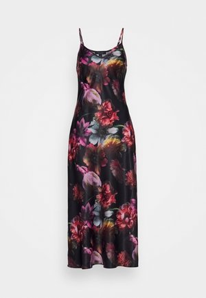 Black satin slip dress with thin straps, featuring large vibrant floral print in shades of pink, red, purple, and yellow.