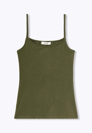 Débardeur vert olive en coton doux, avec des bretelles étroites et une coupe ajustée avec un ourlet droit.