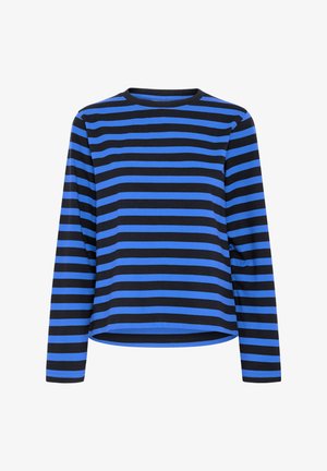 Long-sleeved top made of soft fabric, featuring horizontal black and blue stripes, a round neck, and a relaxed fit without buttons or embellishments.