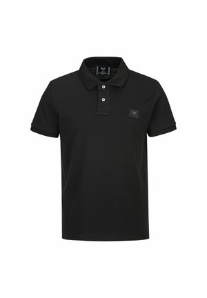 Schwarzes Poloshirt aus einem glatten Stoff, mit einer Knopfleiste aus zwei Knöpfen und kurzen Ärmeln. Enthält ein kleines Logopatch auf der Brust.