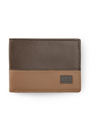 Bifold-portemonnee met donkerbruine en lichtbruine lederen secties, met een klein Rip Curl-logo op de onderste rechterhoek.