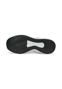 Suela de goma negra con un patrón de agarre texturizado, que presenta una entresuela blanca. Superficie suave con un talón redondeado y ranuras de flexión.