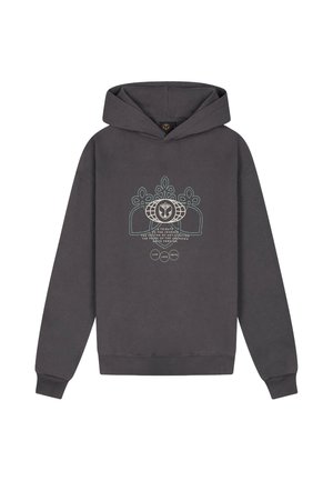 Donkergrijze hoodie met een groot ontwerp aan de voorkant met abstracte vormen, een globe-embleem en de woorden live, love, unite in cirkels.
