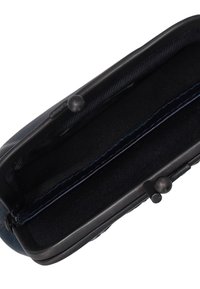 Navy blue wallet with a textured finish and metal clasp. Interior features a smooth fabric lining and two compartments for organization.