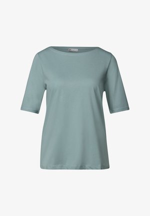 Haut à manches courtes, bleu clair, fabriqué en tissu doux avec un décolleté rond et une coupe décontractée, présentant des détails de couture simples.