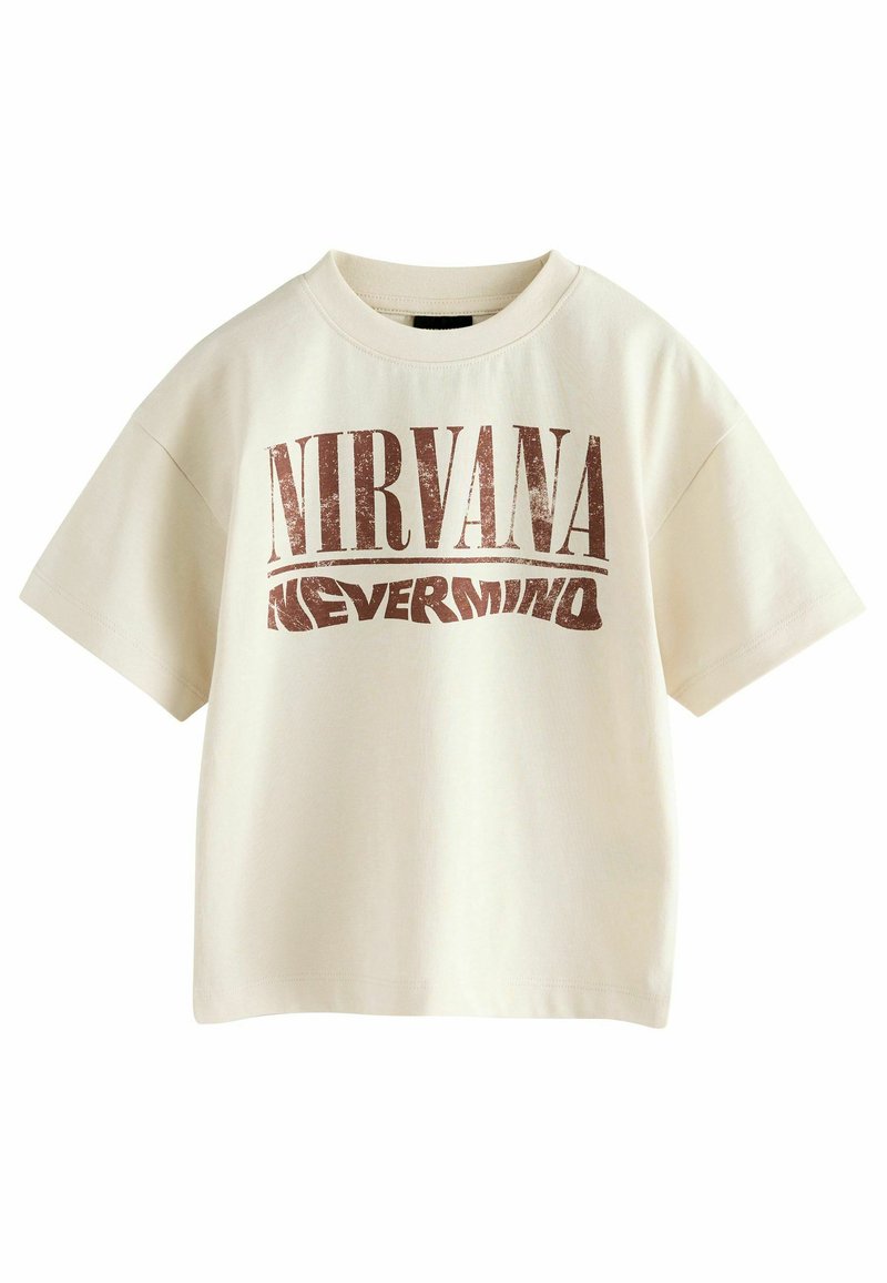 T-shirt en coton couleur crème avec un col rond et des manches courtes, ornée d'une impression maroon usée de "NIRVANA" et "NEVERMIND."