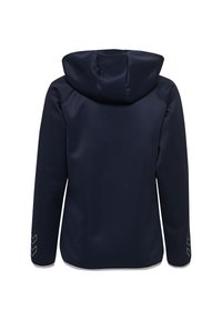 Giacca con cappuccio navy dalla texture liscia, con strisce di accento sulle maniche e un orlo curvo nella parte inferiore.