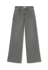 Vaqueros de pierna ancha grises, hechos de denim, con una cintura alta, bolsillos frontales y un diseño limpio y simple con detalles de costura mínimos.