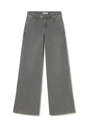 Vaqueros de pierna ancha grises, hechos de denim, con una cintura alta, bolsillos frontales y un diseño limpio y simple con detalles de costura mínimos.