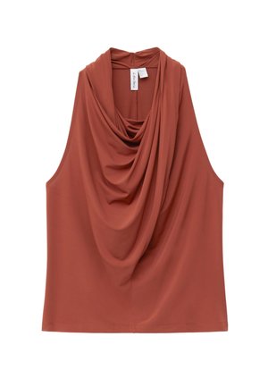 Schlanker ärmelloser Oberteil in rostorange, mit einem drapierten Ausschnitt, weichem Stoff und lässiger Passform. Einfaches Rückendesign ohne Verzierungen.
