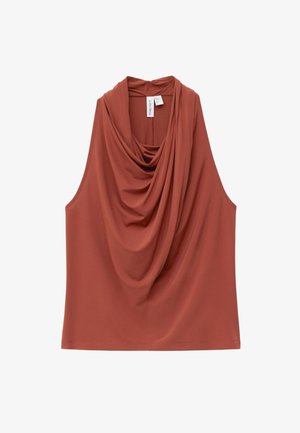 Schlanker ärmelloser Oberteil in rostorange, mit einem drapierten Ausschnitt, weichem Stoff und lässiger Passform. Einfaches Rückendesign ohne Verzierungen.