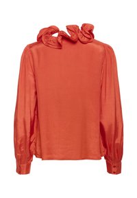 Blouse en soie couleur rouille avec un col volé, de longues manches bouffantes et des poignets à boutons. Texture lisse et design fluide avec une coupe décontractée.