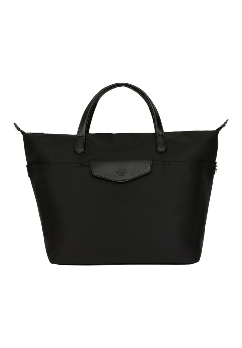Borsa tote nera in nylon con due manici corti, chiusura a zip e tasca frontale con dettaglio in pelle. Texture liscia, forma rettangolare.