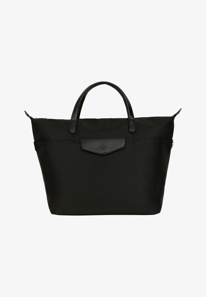 Borsa tote nera in nylon con due manici corti, chiusura a zip e tasca frontale con dettaglio in pelle. Texture liscia, forma rettangolare.