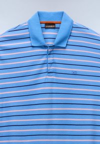 Polo bleu avec des rayures horizontales roses et marine, col plié, et petit détail de drapeau brodé sur la poitrine.