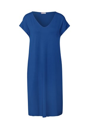 Modrá, midi šaty z jemné látky, s výstřihem do V a krátkými rukávy. Jednoduchý, rovný střih bez vzorů nebo ozdob.