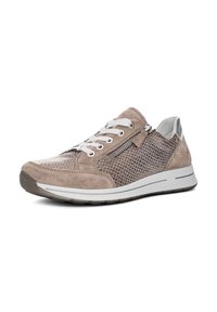 Beige suede and mesh sneaker with white laces, side zipper, silver heel detail, and white rubber sole with gray tread.