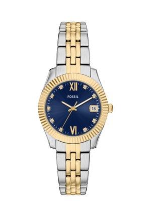 Zweifarbige Metall-Fossil-Armbanduhr mit blauem Zifferblatt, goldenen römischen Ziffern bei 12 und 6, Diamantstundenmarkierungen, Datumsanzeige und Gliederarmband.
