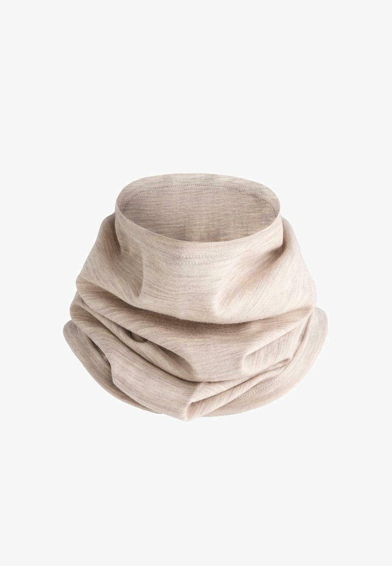 Bež tkanina za vrat s mekanom, teksturiranom završnom obradom. Ima skupljeni dizajn za dobro prianjanje. Nema metalnih dijelova ni ukrasa.