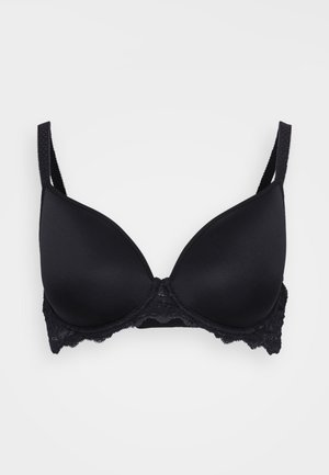 Black bra featuring smooth molded cups, lace accents along the bottom edge, adjustable straps, and a classic underwire design.