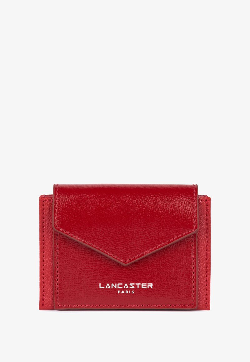 Red leather wallet with a textured finish, featuring a triangular flap closure, embossed "Lancaster Paris" logo, and compact rectangular shape.