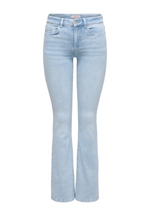 Gaiši zilas džinsa bikses ar augstu vidukli, priekšējo pogu un rāvējslēdzēja aizdari, piecu kabatu dizainu un nedaudz zvīņainiem bikšu galiem.