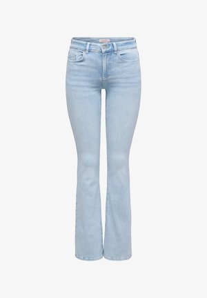 Gaiši zilas džinsa bikses ar augstu vidukli, priekšējo pogu un rāvējslēdzēja aizdari, piecu kabatu dizainu un nedaudz zvīņainiem bikšu galiem.