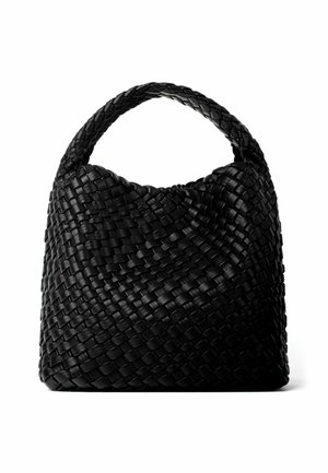 Czarna pleciona skórzana torebka z pojedynczym zaokrąglonym uchwytem i miękkim, luźnym kształtem.