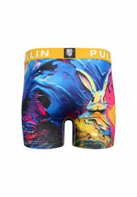 Caleçons boxers pour hommes avec une ceinture jaune et un design abstrait coloré présentant un lapin jaune sur un fond bleu et rose.
