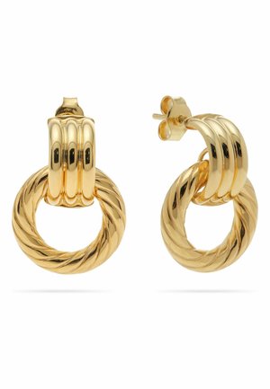 Creolen in Goldoptik mit gedrehtem, rundem Anhänger-Design und glattem, geripptem oberen Detail, gesichert durch Steckverschluss.