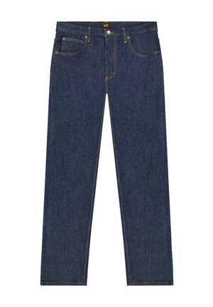 Sötétkék, egyenes szárú farmernadrág, öt zsebbel, gombos és cipzáras lezárással, valamint sárga varrással.