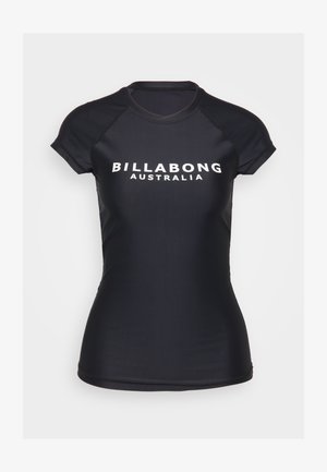 Fekete rövid ujjú rash guard, sima, rugalmas anyagból készült. Az elején feltűnő fehér "BILLABONG AUSTRÁLIA" felirat található.