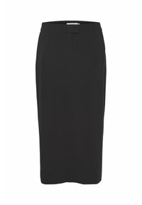 Jupe crayon noire en tissu lisse, avec une silhouette ajustée, une taille et de légères plis à l'avant. Sans poches ni éléments en métal visibles.
