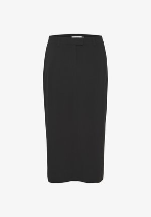 Črna svila krila iz gladkega materiala, ki se ponaša s prilega silhueto, pasom in subtilnimi prednjimi gubami. Brez žepov ali vidne hardverske opreme.